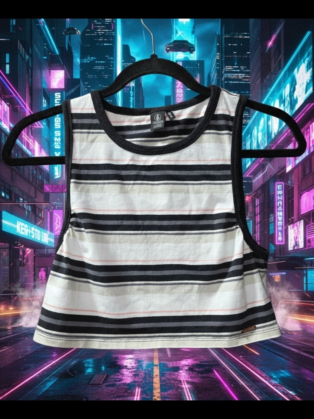 Volcom Striped Tank Top in White, Black & Pink